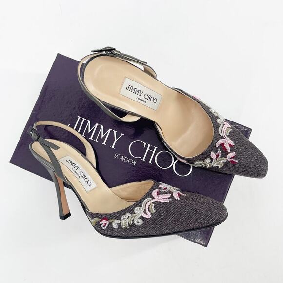 Vintage Jimmy Choo Gray Flannel Beaded Floral Embroidered Slingback Heel IT 38.5 - Picture 1 of 13